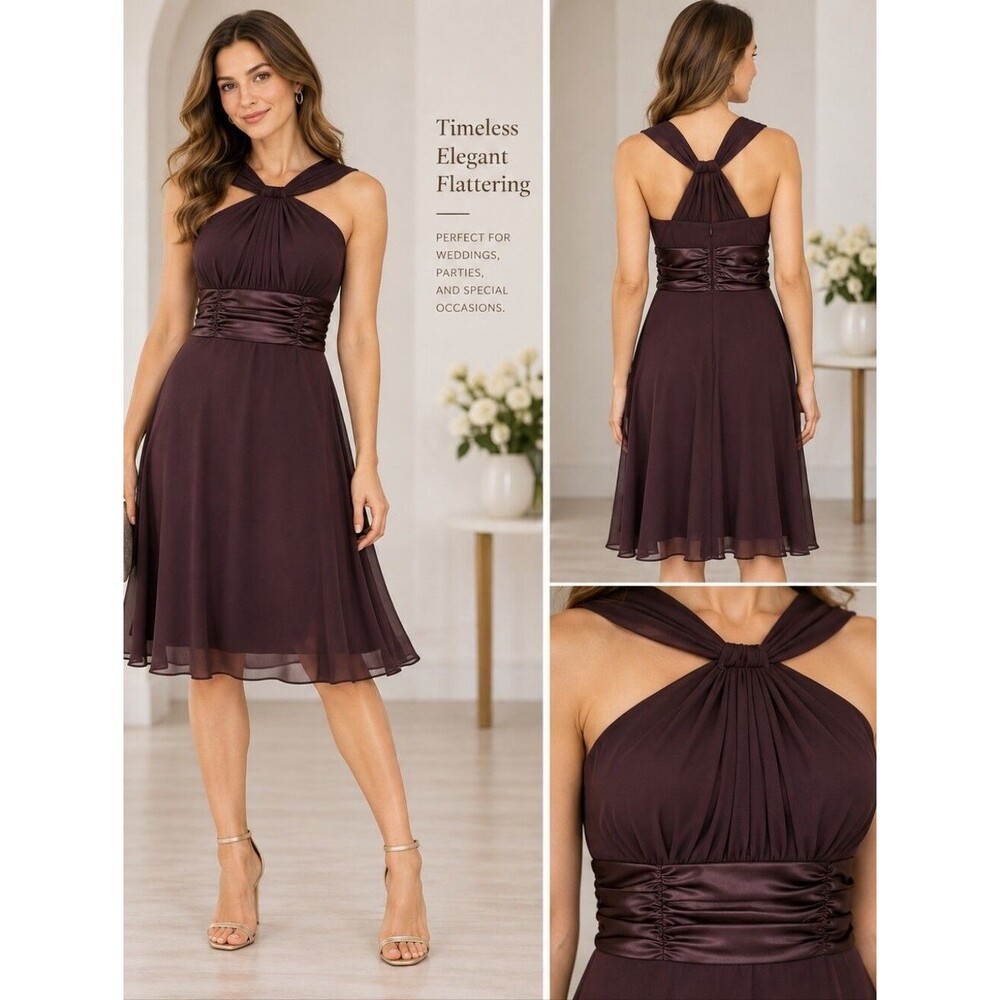EUC Connected women's elegant ruffled party evening dress, 10P, brown